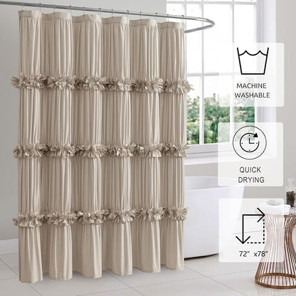 Camel Ruffle Shower Curtain, 72"x78" | Long Bathroom Curtain with 12 Buttonholes, Vintage Handcrafted Bow Tie Bath Curtain for Master Bathroom (LQ-10)