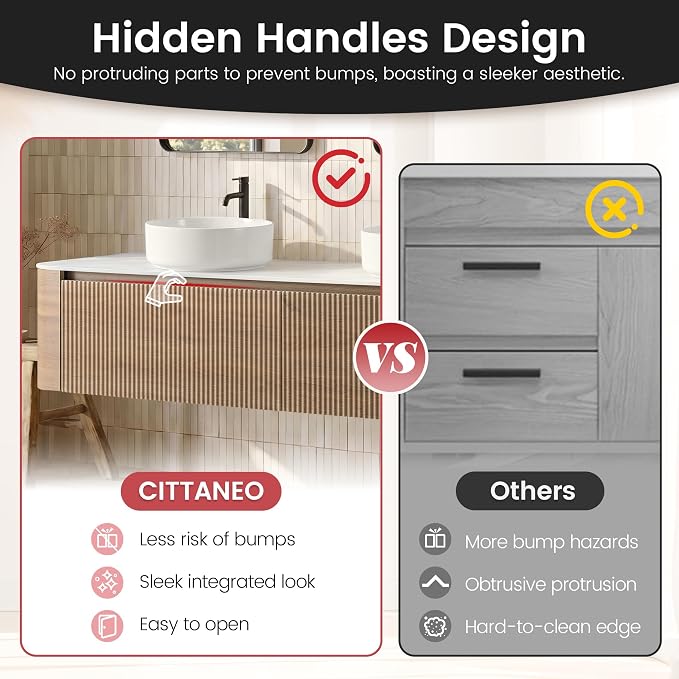 72" Floating Bathroom Vanity with Double Vessel Sink, Honey Oak | Pre-Assembled Fluted Wall Mounted Vanity with Ceramic Sink, Sintered Stone Countertop, Soft-Close Drawer & Towel Rack
