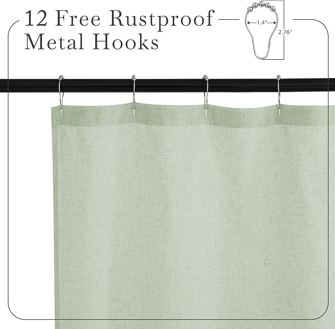 KGORGE Linen Blend Semi-Sheer Shower Curtains Lightweight for Bathroom | Waterproof Fabric for Bathtub, Button Hole Half Privacy Quick Dry, Hooks Included, Sage Green, W72 x L90