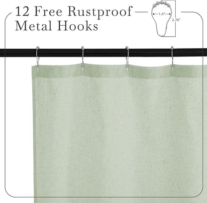 KGORGE Linen Blend Semi-Sheer Shower Curtains Lightweight for Bathroom | Waterproof Fabric for Bathtub, Button Hole Half Privacy Quick Dry, Hooks Included, Sage Green, W72 x L90