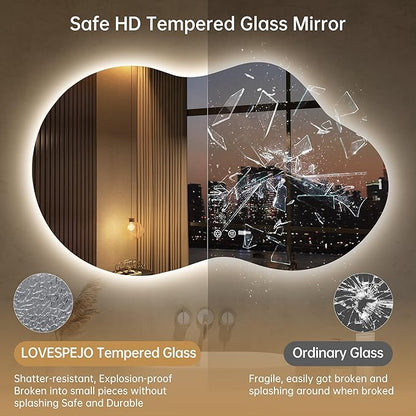 LOVESPEJO Irregular Backlit Mirror Bathroom 40x24 Inch, Asymmetrical Cloud LED Bathroom Mirror with Lights, Fogless, Dimmable, 3 Color Changing, Shatterproof