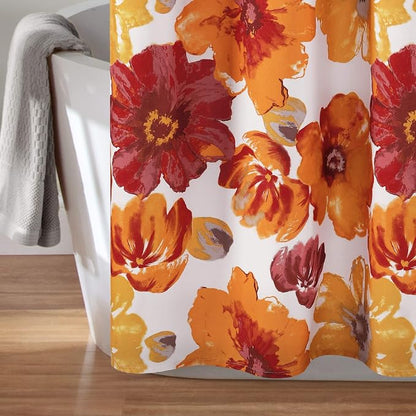 Lush Decor Leah Floral Shower Curtain, 72" W x 72" L, Red & Orange - Fabric Shower Curtains - Watercolor Botanical Bathroom Curtain - Farmhouse & French Country Decor