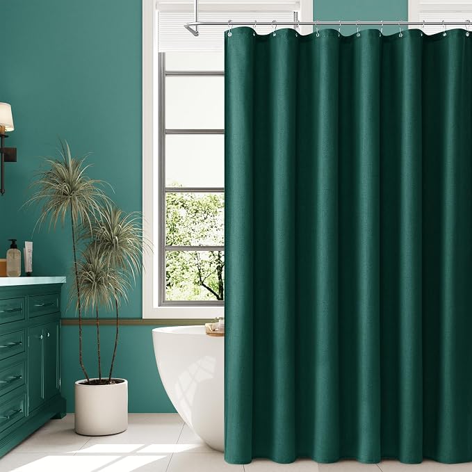 Dark Green Linen Shower Curtain, Country Boho Farmhouse Bath Decor Shower Curtains Neutral Cloth Weighted Textured Fabric Bath Curtain Liner with Hooks, 72x80