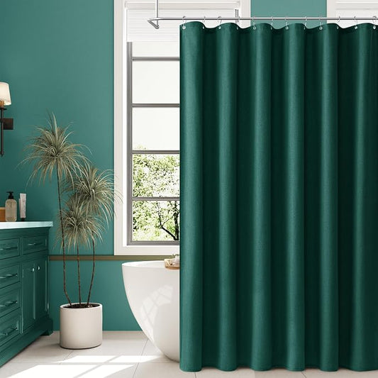 Dark Green Linen Shower Curtain, Country Boho Farmhouse Bath Decor Shower Curtains Neutral Cloth Weighted Textured Fabric Bath Curtain Liner with Hooks, 72x80