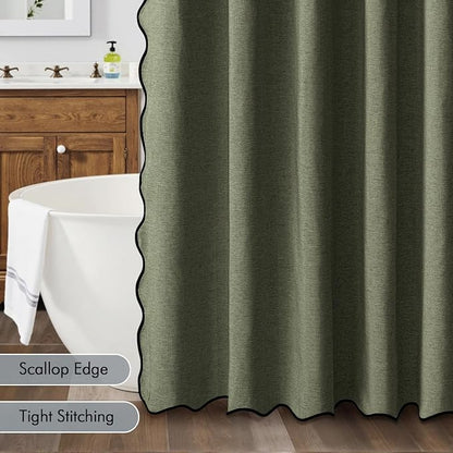 MIULEE 72"x84" Extra Long Scalloped Linen Shower Curtain Olive Green | Linen Textured, Waterproof, Washable, 12 Metal Hooks, Heavy Duty Cloth, Black Border, Shower Curtain for Bathroom Bathtub