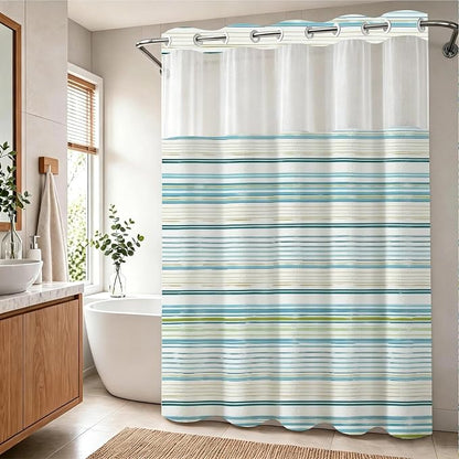 Luxury Abstract Modern No Hook Shower Curtain Aesthetic Striped Minimalist | Funky No Hook Shower Curtain with Snap in Liner, Waterproof Ringless Shower Curtains for Bathroom 72x74 Inch Blue White