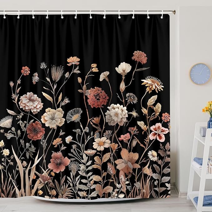 Vintage Boho Black Floral Shower Curtain, Beige Brown Cream Tan Rustic Farmhouse Flower Shower Curtain Set, Cute Botanical Wlidflowers Fabric Shower Curtains Decoration, 72X78 Bathroom Accessories