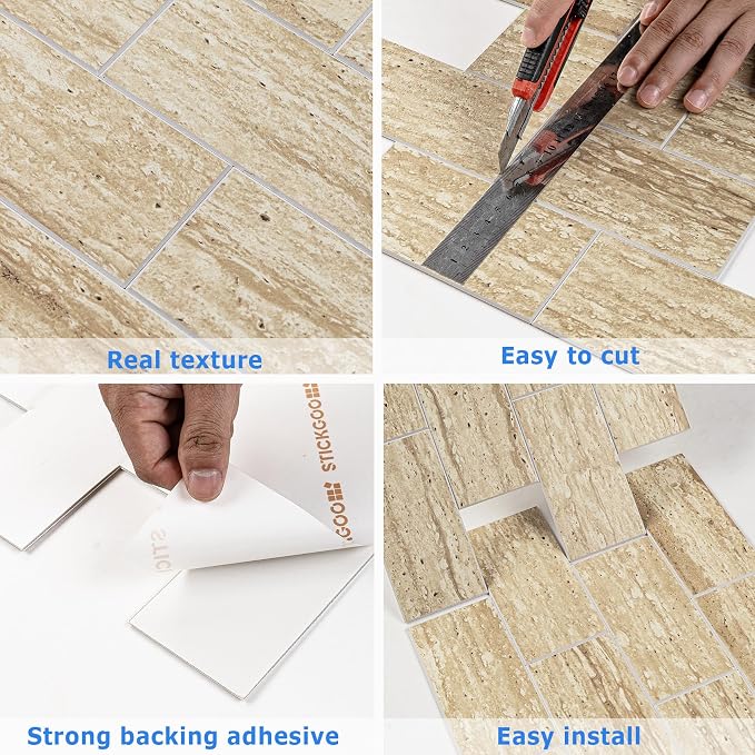 STICKGOO 10-Sheet Backsplash Peel and Stick Subway Tile(Thicker Design, Faux Golden Travertine)