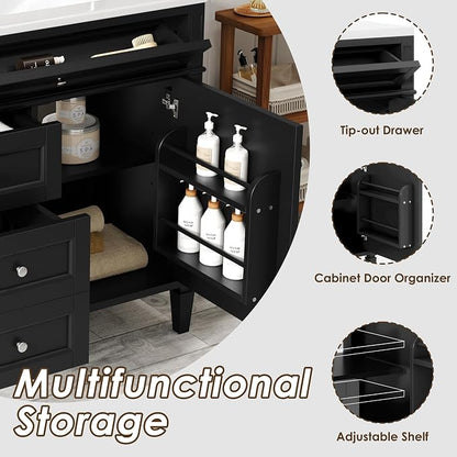 Merax 36 Inch Bathroom Vanity with Top Sink, Modern Bathroom Storage Cabinet with 2 Drawers and a Tip-Out Drawer, Solid Wood Frame Single Sink Bath Vanities, Black
