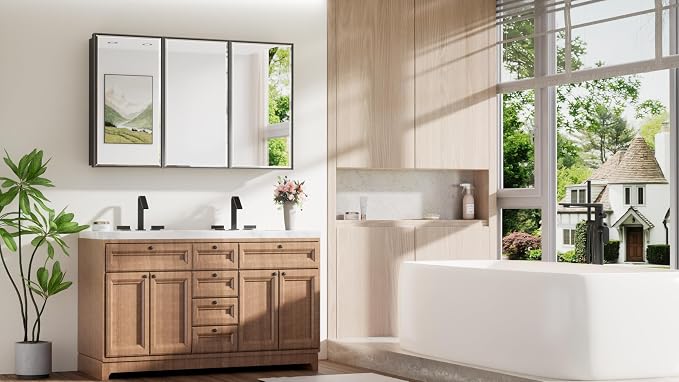 TokeShimi 48x30 Medicine Cabinet Mirror Bathroom Vanity Black Metal Framed Recessed or Surface Mounted Medicine Cabinet with Beveled Mirror with Storage Aluminum for Modern Farmhouse