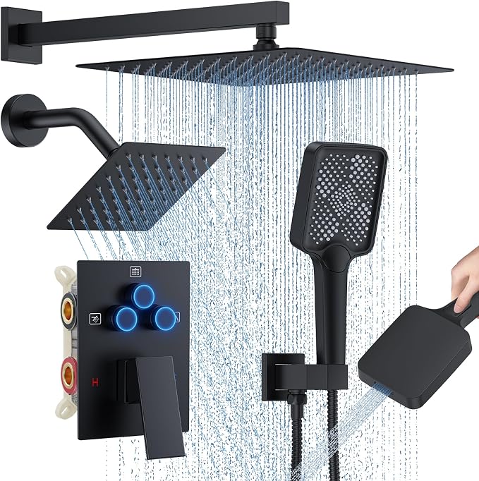 Woindo Shower Faucet Set, 12" Wall Mount Rainfall Shower System with 2 Rain Shower Head and Multi-function Handheld Head Push Button Diverter Shower Faucet Trim Kit