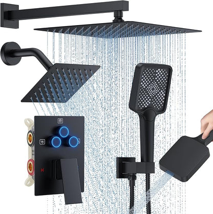 Woindo Shower Faucet Set, 12" Wall Mount Rainfall Shower System with 2 Rain Shower Head and Multi-function Handheld Head Push Button Diverter Shower Faucet Trim Kit