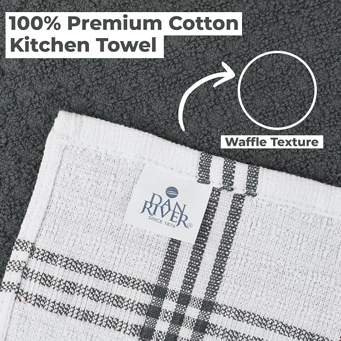 DAN RIVER Gray Kitchen Towels, 12 Pack, 16x26 Inches Absorbent Dish Towels | 100% Cotton Absorbent Soft cotton kitchen towels for drying dishes, Quick Dry, Dish Towels for kitchen,Tea and Bar towels set