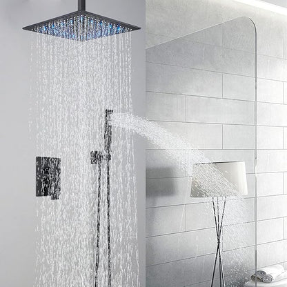 12 Inches Ceiling Mount Shower Faucets Sets Complete Shower System LED Rainfall Shower Head System Rough-in Valve Body and Trim Included Matte Black…