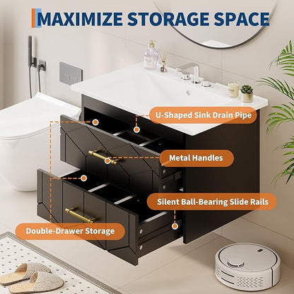 IDEALHOUSE Floating Bathroom Vanity with Sink 24 inch, Modern Bathroom Sink Cabinet, Ceramic Vanity Top, 2 Large Storage Drawers with Gold Metal Handle, Easy to Assembly, Black