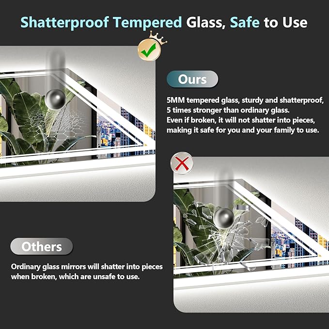 60x28 LED Bathroom Mirror with Lights, Backlit and Front Lit Anti-Fog Lighted Vanity Mirrors for Bathroom Wall, Dimmable, 3-Color Light, Memory, Shatter-Proof, HD Tempered Glass, CRI＞90