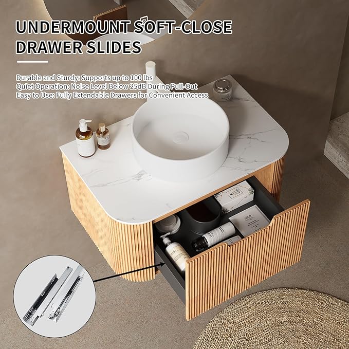 Yayzy 48" Floating Bathroom Vanity with Sink, Solid Wood Fluted Cabinet, White Round Ceramic Basin & Faux Marble Top, Soft-Close Drawer, Pre-Assembled, Natural Woodgrain