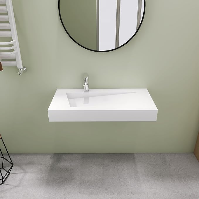 SJ Star&Jane 35" x 18" Solid Surface Bathroom Sink, Wall-Mount or Countertop Vessel Sink, Floating Vanity Sink, Pre-installed Faucet Holes, Durable Modern Design