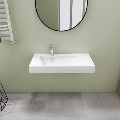 SJ Star&Jane 35" x 18" Solid Surface Bathroom Sink, Wall-Mount or Countertop Vessel Sink, Floating Vanity Sink, Pre-installed Faucet Holes, Durable Modern Design
