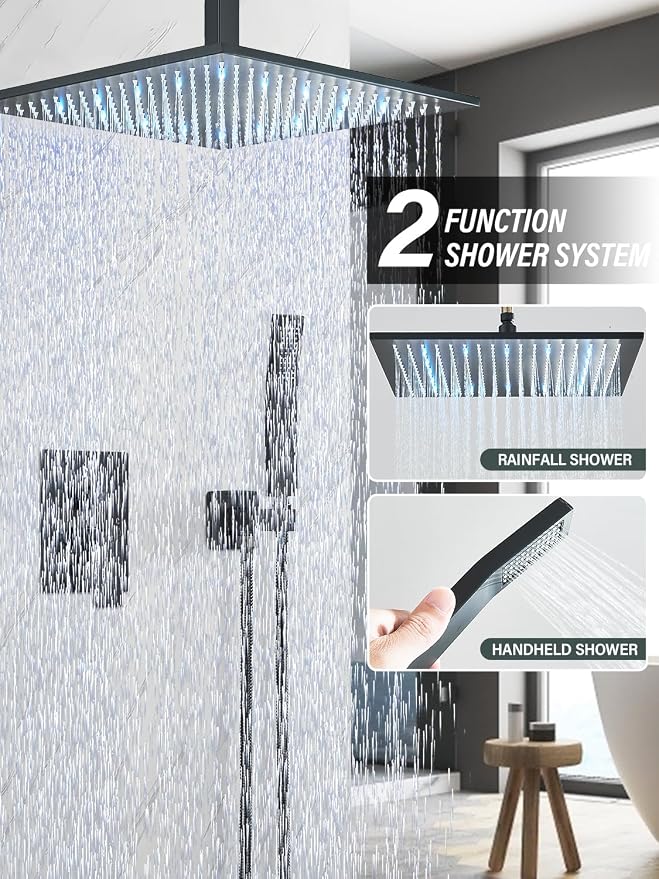 Matte Black Shower Faucets Sets Complete with 16" High Pressure LED Rainfall Shower Head and Handheld Spray Ceiling Mount Shower System Rough-in Valve Body and Trim Included