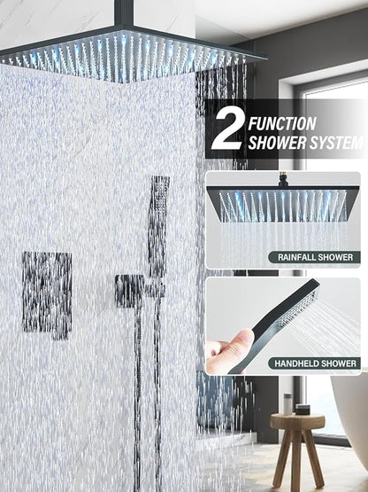 Matte Black Shower Faucets Sets Complete with 16" High Pressure LED Rainfall Shower Head and Handheld Spray Ceiling Mount Shower System Rough-in Valve Body and Trim Included
