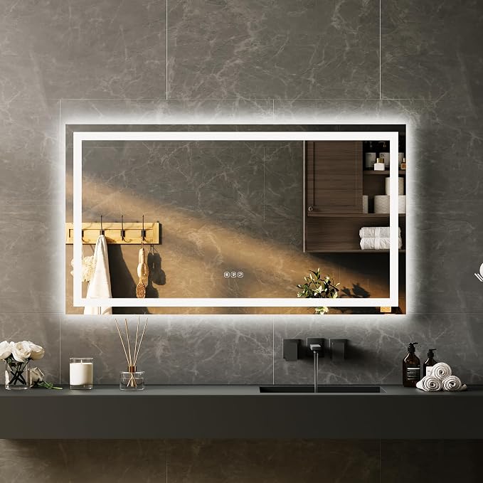 LED Bathroom Mirror 50 x 28 inch, Lighted Bathroom Vanity Mirror with Front Light and Backlit Ambient LED, Frameless Wall Mounted Mirror with Adjustable Color Temperature