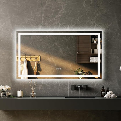 LED Bathroom Mirror 50 x 28 inch, Lighted Bathroom Vanity Mirror with Front Light and Backlit Ambient LED, Frameless Wall Mounted Mirror with Adjustable Color Temperature