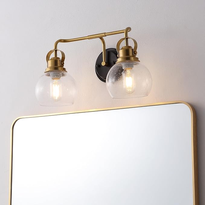 JONATHAN Y 17.5" Brass Gold/Oil Rubbed Bronze Shirley 2-Light Bathroom Vanity Light, Metal Wall Sconce, Clear Seeded Glass Shade, Modern Transitional Farmhouse Fixture, LED Bulbs Included (JYL7404B)