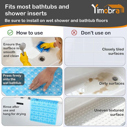 Yimobra Bathtub Mat Non Slip, 34.5"X15.5" Long Shower Mat for Inside Shower, Machine Washable Bath Mat with Drain Holes & Strong Suction Cups, Soft on Feet, Bathroom Essentials, Clear Blue