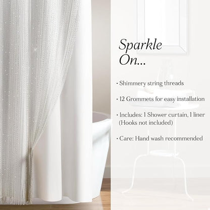 Lush Decor Night Sky String Thread Shower Curtain With PEVA Liner, 2 Piece Set, 72" W x 72" L, White - Silver String Shower Curtain and Liner Set - Shimmery Bath Curtain - Modern Glam Bathroom Decor