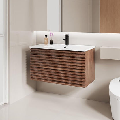 LUCKWIND 36" Floating Bathroom Vanity with Sink, Mid-Century Wall Mounted Big Drawer Cabinet with Large Sink, Water Saving Faucet and Wood Stripes Style, Walnut