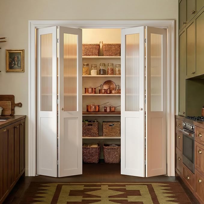 SMARTSTANDARD 72" x 80" Reeded Glass Bifold Closet Doors, Preassembled, MDF | Water-Proof PVC Surface, Half Tempered Glass with Hardware Kit, White Interior Slab for Kitchen, Closet, Pantry, White