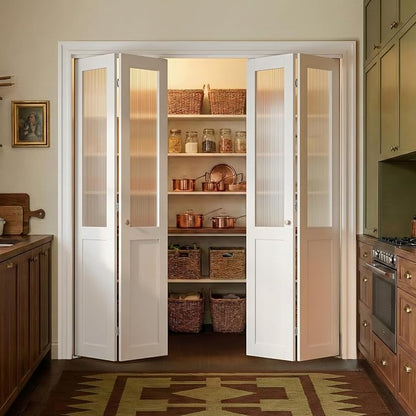 SMARTSTANDARD 72" x 80" Reeded Glass Bifold Closet Doors, Preassembled, MDF | Water-Proof PVC Surface, Half Tempered Glass with Hardware Kit, White Interior Slab for Kitchen, Closet, Pantry, White