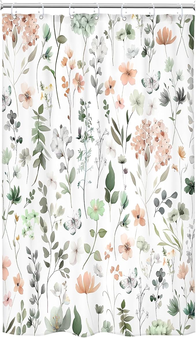 Cute Green Pink Floral Stall Single Wildflower Bathroom Shower Curtain Set | 54"W x 78"H Watercolor Boho; waterproof HD print, quick-dry fabric and plastic hooks for easy setup.