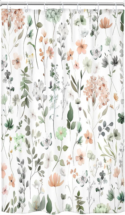 Cute Green Pink Floral Stall Single Wildflower Bathroom Shower Curtain Set | 54"W x 78"H Watercolor Boho; waterproof HD print, quick-dry fabric and plastic hooks for easy setup.