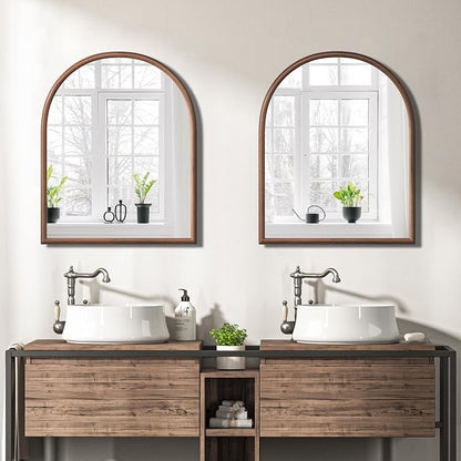28"x32" Arch Wall Mirror for Wall, Wall Mounted Vanity Mirror for Bedroom, Wood Grain Finish Frame Mirror with Tempered Glass, Vintage Decorative for Bathroom, Entryway, Living Room, Walnut