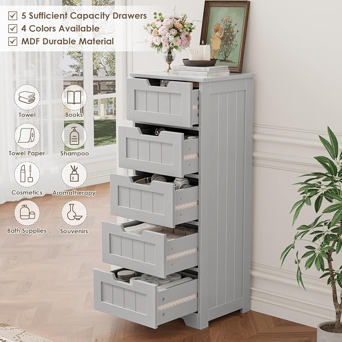 FOTOSOK Bathroom Cabinet, Bathroom Storage Cabinet with 5 Drawers, Grey | Narrow Bathroom Storage with Cut-Out Handles, 11.8” x 15.7” x 40.1”, Slim & Small Floor Cabinet for Laundry/Hallway