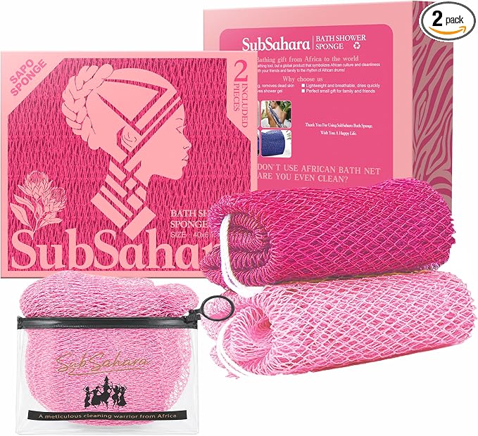 Authentic African Net Sponge, 2 Pack 45-Inch Exfoliating Bath Sponge and Shower Loofah for Body and Back, Colorfast Quick-Dry Knotted Mesh Scrubber with Travel Pouch (Dark Pink & Light Pink)