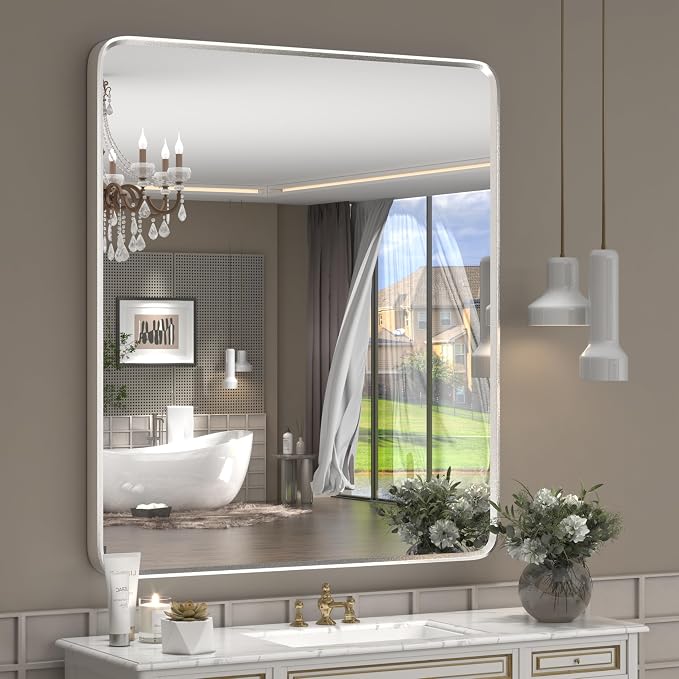28x32 Inch Silver Framed Vanity Mirror for Wall | Silver Metal Frame, Rounded Rectangle Bathroom, Silverish Painted, Shatterproof, Anti-Rust (Horizontal/Vertical)
