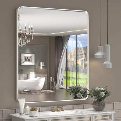 28x32 Inch Silver Framed Vanity Mirror for Wall | Silver Metal Frame, Rounded Rectangle Bathroom, Silverish Painted, Shatterproof, Anti-Rust (Horizontal/Vertical)