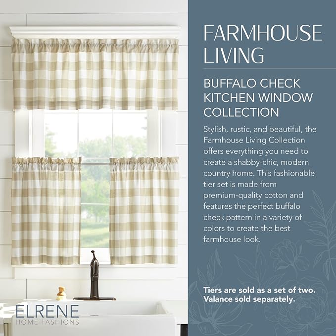 Farmhouse Living Buffalo Check Window Valance, Tan/White - 60" W x 15" L