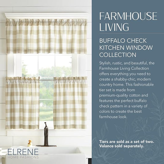 Farmhouse Living Buffalo Check Window Valance, Tan/White - 60" W x 15" L
