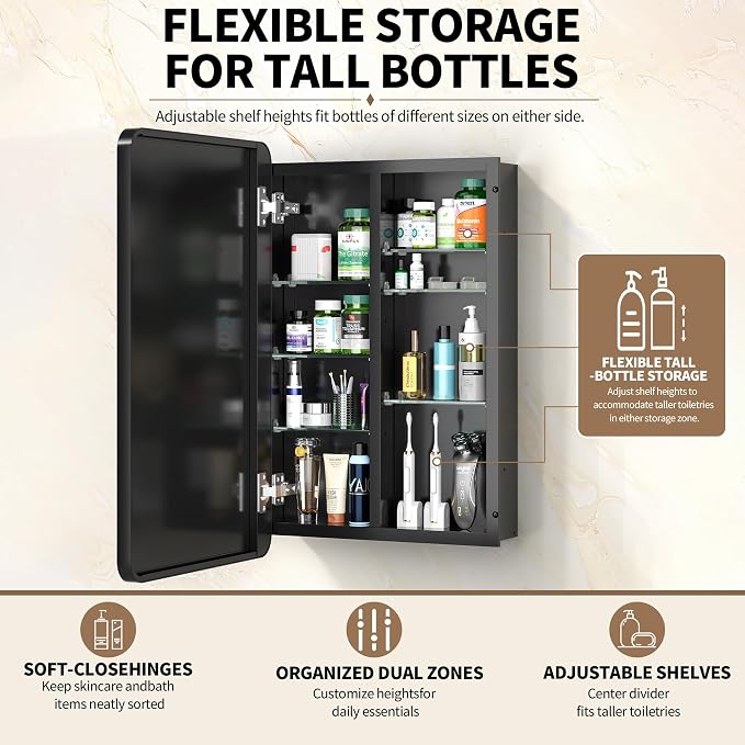 24 x 30 Black Medicine Cabinet Mirror, Recessed or Surface Mount | Bathroom mirror with storage: 6 adjustable shelves fit tall bottles; DTC soft-close hinges; rust-resistant aluminum