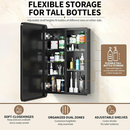 24 x 30 Black Medicine Cabinet Mirror, Recessed or Surface Mount | Bathroom mirror with storage: 6 adjustable shelves fit tall bottles; DTC soft-close hinges; rust-resistant aluminum