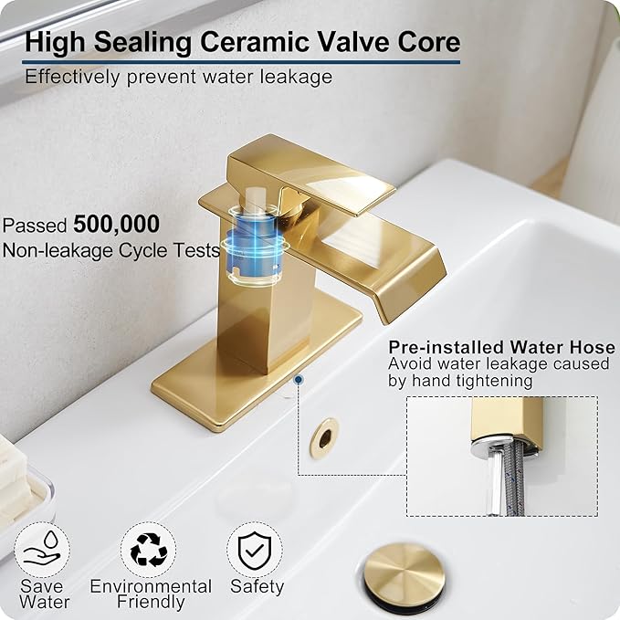 Gold Bathroom Faucet Single Handle, Brass Waterfall Bathroom Faucet, 4 Inch Bathroom Faucets 1 Hole or 3 Holes Bathroom Sink Faucets with Deck Plate & Pop-Up Drain for Public Sinks No Splashing