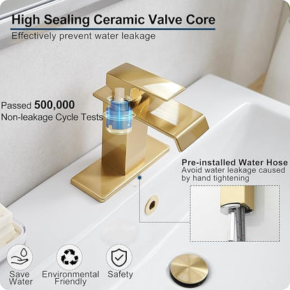 Gold Bathroom Faucet Single Handle, Brass Waterfall Bathroom Faucet, 4 Inch Bathroom Faucets 1 Hole or 3 Holes Bathroom Sink Faucets with Deck Plate & Pop-Up Drain for Public Sinks No Splashing