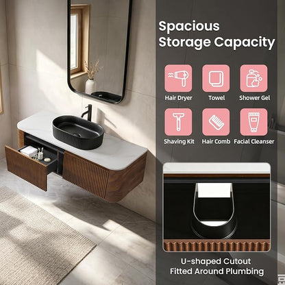 48" Floating Bathroom Vanity with Black Sink & Towel Rack, Walnut | Pre-Assembled Fluted Wall Mounted Vanity with Ceramic Vessel Sink, Rounded Edges, Soft-Close Drawer
