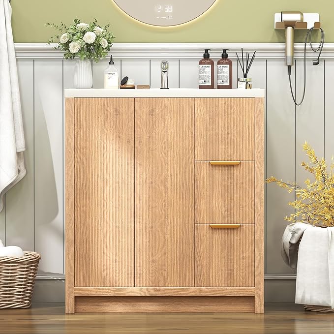 32" Modern Bathroom Vanity with Ceramic Sink, 2 Drawers & 2 Doors, Wooden Panel Design Storage Cabinet, Actual 31.5" L x 18.5" W x 35.5" H