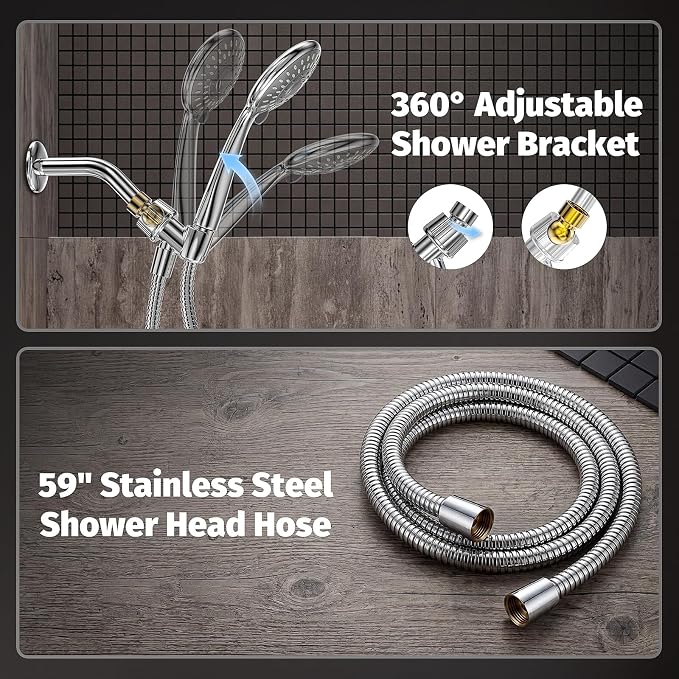High Pressure Handheld Shower Head for Low Water Pressure Homes | 5 Shower Modes, 1-Min Quick Installation, 59” Stainless Steel Hose, Angle Adjustable Holder, for Kids, Pets, Parents, Family