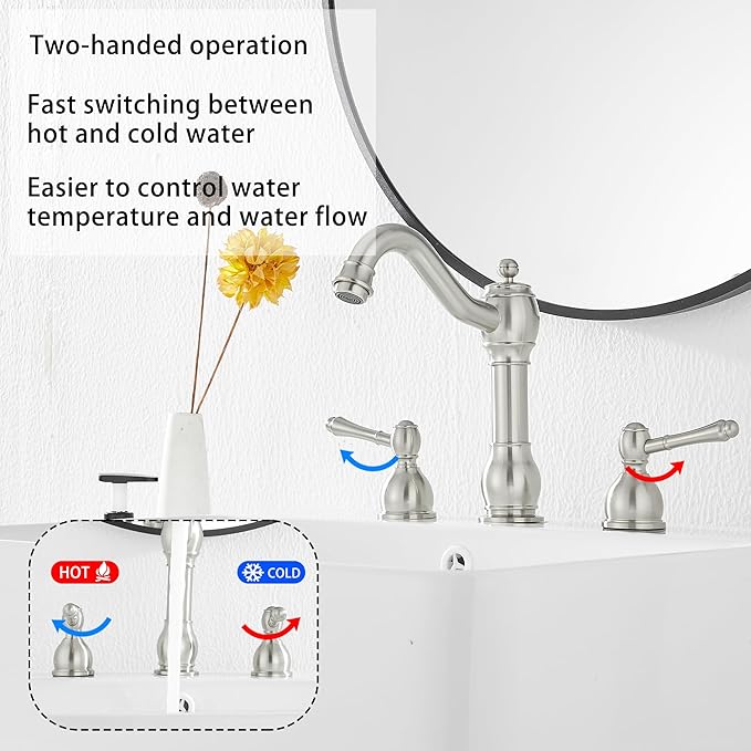 GGStudy 2 Handles 3 Holes Faucet Widespread Bathroom Sink Faucet Basin Tap Mixer Supply Hose Included Matching Pop Up Drain Brushed Nickel